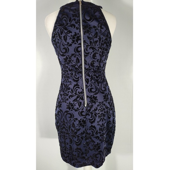 Honey & Rose Halter Mini Dress Party Cocktail Bodycon Floral Velvet Navy Blue - Picture 3 of 9